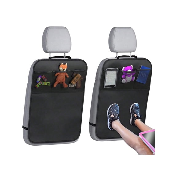 2 Pack Waterproof Car Back Seat Kick Mats with 3 Mesh Storage Pockets, Large Backseat Protector Organizer for Kids Dirt Mud Scratch Protection, 1 Set