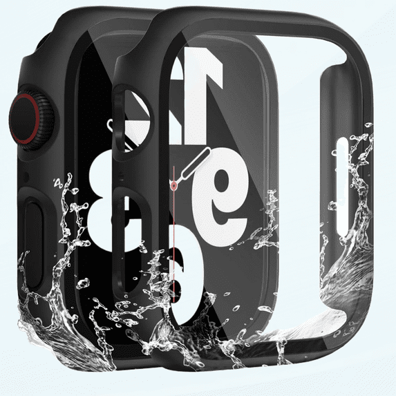 2 Pack Waterproof Case Compatible with Apple Watch 44mm SE (2nd Gen) Series 6 5 4 with Tempered Glass Screen Protector, Full Protective Hard PC Bumper Case Face Cover for iWatch 44 mm Black