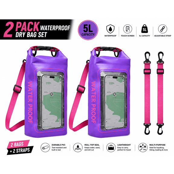 2 Pack Waterproof Dry Bag 5L with Phone Window, Waterproof Storage Bag with Adjustable Strap for Kayaking, Fishing, Camping and Beach