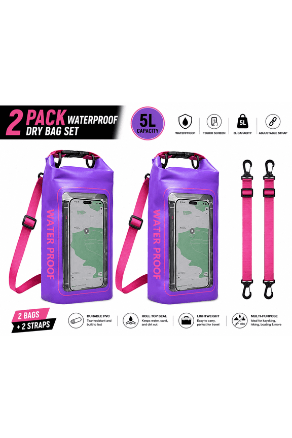 2 Pack Waterproof Dry Bag 5L with Phone Window, Waterproof Storage Bag with Adjustable Strap for Kayaking, Fishing, Camping and Beach