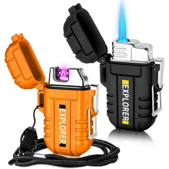 2 Pack Waterproof Lighter Outdoor Windproof Torch Lighters Dual Arc Butane Electric USB Rechargeable Flameless Plasma Camping Hi Adventure Survival Tactical Gear