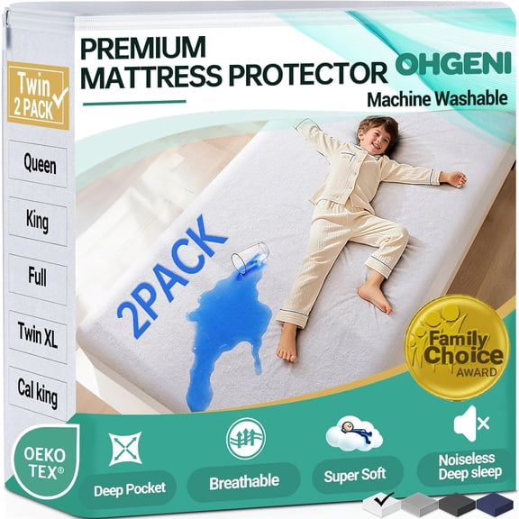 2 Pack Waterproof Mattress Protector, Twin Size Fitted Sheet with Deep Pocket, 6''-16'' Washable Hypoallergenic Mattresses Coer,Noiseless Soft Mattress Pad,Kids' Bedwetting,Pee & Dirt-Proof