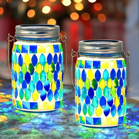 2-Pack Waterproof Mosaic Solar Lantern Lights for Outdoor Hanging Glass Table Lamps, Patio Garden Yard Dcor