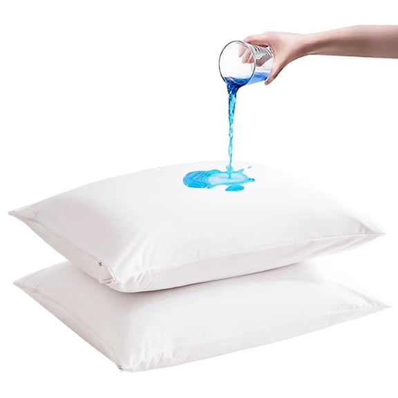 2 Pack Waterproof Pillow Protectors with Zipper Standard Size Zippered Case Hypoallergenic Bed Covers Encasement Smooth Downproof Feather Proof Machine Washable