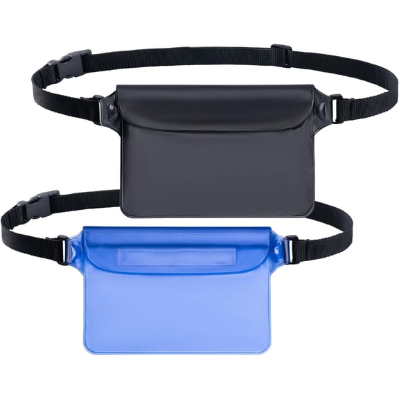 2-Pack Waterproof Pouch with Adjustable Waist Strap, Screen Touch Sensitive Dry Bag for Swimming Kayaking Boating Fishing Beach Diving (Black + Blue)