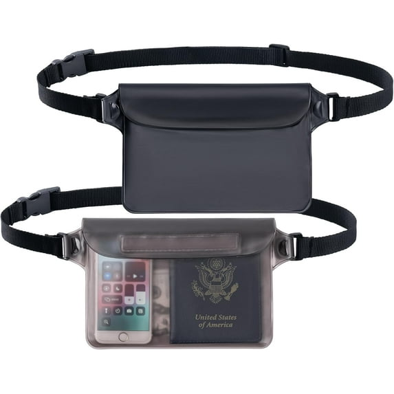2-Pack Waterproof Pouch with Adjustable Waist Strap, Screen Touch Sensitive Dry Bag for Swimming Kayaking Boating Fishing Beach Diving (Black + Gray)