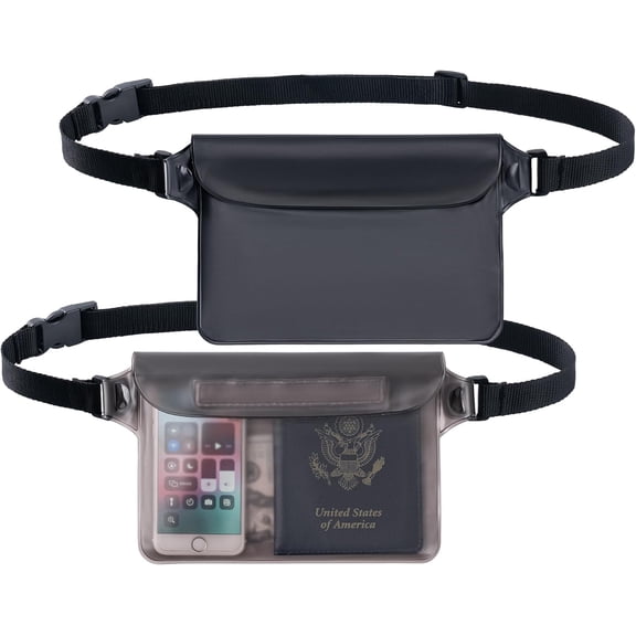 2-Pack Waterproof Pouch with Adjustable Waist Strap, Screen Touch Sensitive Dry Bag for Swimming Kayaking Boating Fishing Beach Diving (Black + Gray)