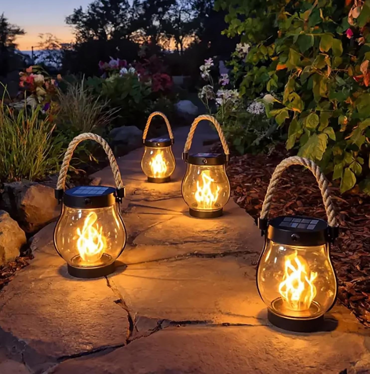 2-Pack Waterproof Solar Lantern Outdoor Lights, Flickering