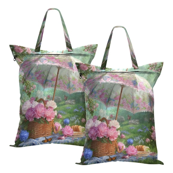 2-Pack Waterproof Travel Laundry Bag Lightweight Polyester Duffle with Top Handle for Beach/Camping/School A Large Floral Umbrella