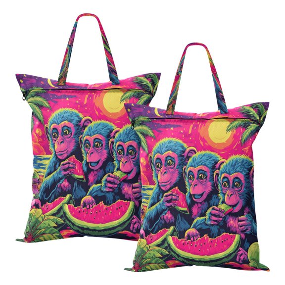 2-Pack Waterproof Travel Laundry Bag Lightweight Polyester Duffle with Top Handle for Beach/Camping/School Cute Monkeys Eating Watermelon