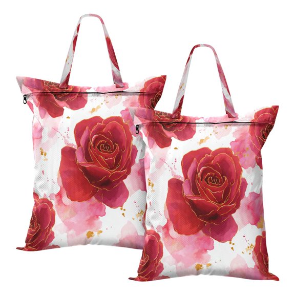 2-Pack Waterproof Travel Laundry Bag Lightweight Polyester Duffle with Top Handle for Beach/Camping/School Digital Art Red Roses Pattern