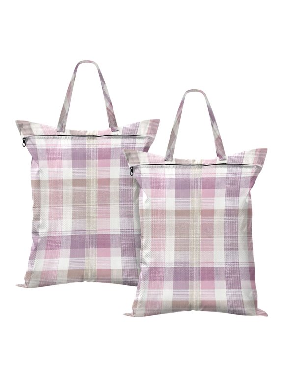 2-Pack Waterproof Travel Laundry Bag Lightweight Polyester Duffle with Top Handle for Beach/Camping/School Purple-pink Checkered Pattern