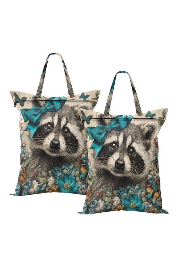 2-Pack Waterproof Travel Laundry Bag Lightweight Polyester Duffle with Top Handle for Beach/Camping/School Raccoon with A Blue Bow