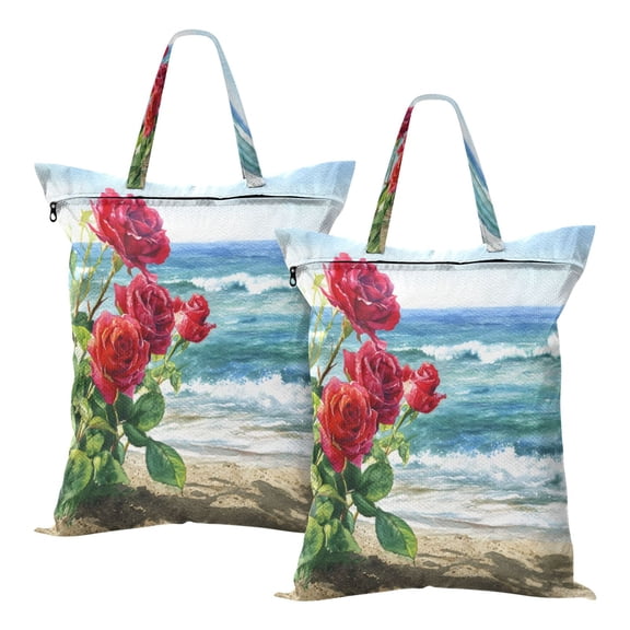 2-Pack Waterproof Travel Laundry Bag Lightweight Polyester Duffle with Top Handle for Beach/Camping/School Red Roses on The Beach