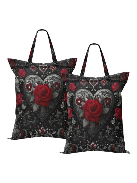 2-Pack Waterproof Travel Laundry Bag Lightweight Polyester Duffle with Top Handle for Beach/Camping/School Silver and Bright Red Roses