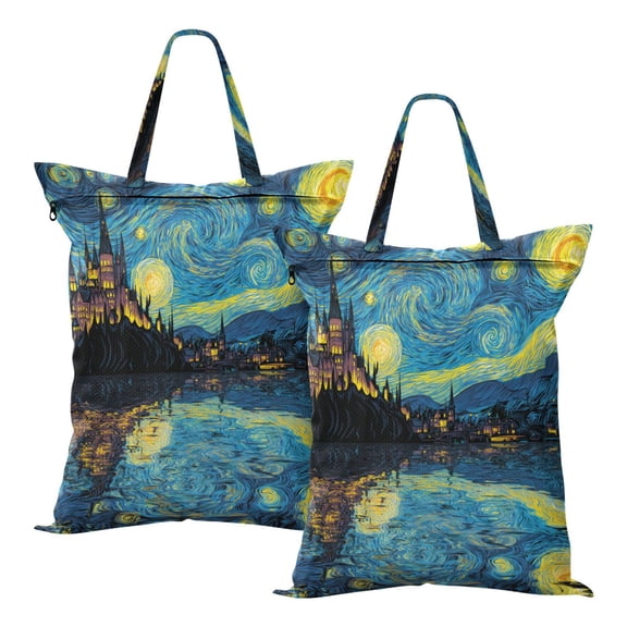 2-Pack Waterproof Travel Laundry Bag Lightweight Polyester Duffle with Top Handle for Beach/Camping/School Starry Sky Style Castle