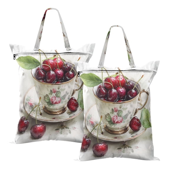 2-Pack Waterproof Travel Laundry Bag Lightweight Polyester Duffle with Top Handle for Beach/Camping/School Teacup Filled with Cherries