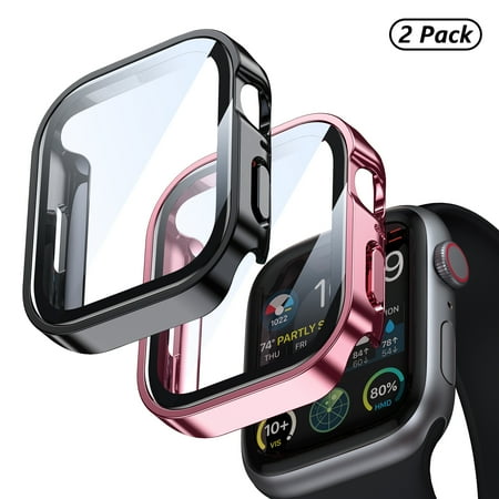 [2 Pack] Waterproof Watch Case for Apple Watch 44mm Series 4 5 6 SE, Build in Tempered Glass Screen Protector Anti-Scratch Lightweight Bumper Cover, 1 Pink +1 Black