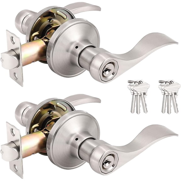 (2 Pack Wave Style Keyed Alike Entry Levers, Exterior Interior Satin Nickel Keyed Door Handles with Lock and Same Keys, Reversible for Right Left Handed Doors