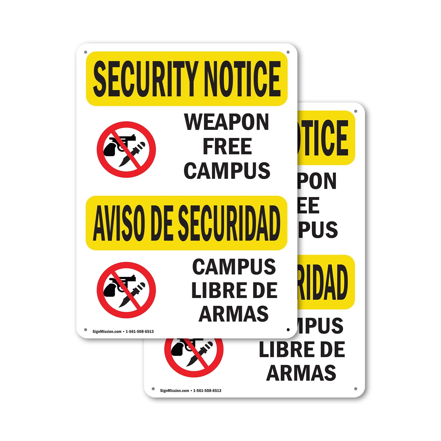 (2 Pack) Weapon Free Campus Bilingual OSHA Security Notice Sign 18 Inch ...