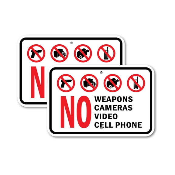(2 Pack) No Weapons Cameras Video Cell Phone | 18" X 24" Heavy-Gauge Aluminum Sign | Rust Free Aluminum, Weather Resistant, Waterproof, Fade Resistant, 2 Pre-drilled Holes