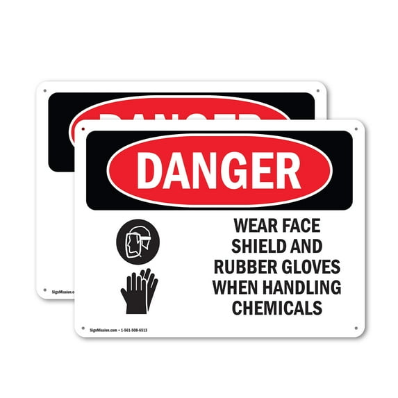 (2 Pack) Wear Face Shield And Rubber Gloves Chemicals OSHA Danger Sign 10 Inch X 7 Inch Indoor / Outdoor Rust-Free Aluminum Metal Signs for Workplace, Workshop, and Construction Site,