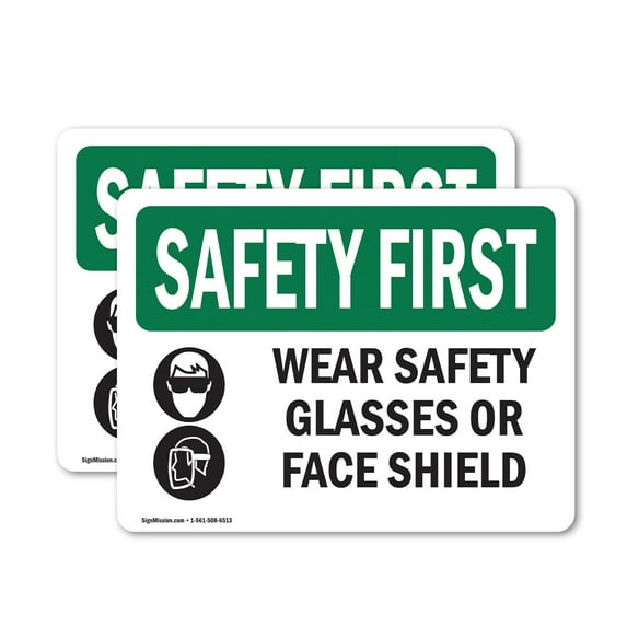 (2 Pack) Wear Safety Glasses Or Face Shield With Symbol OSHA Safety First Sign 14 Inch X 10 Inch Vinyl Label Decal Sticker Weather Resistant, UV Protected for Workplace, Business, and