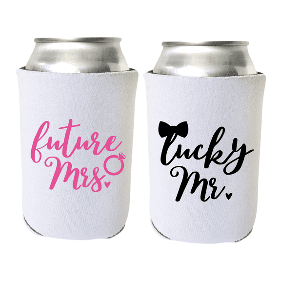 2-Pack Wedding Can Coolers, Future Mrs Pink & Lucky Mr Black, Bride to Be, Groom Beer Koozies for Cans or Bottles, Wedding Favors Coolies (1 Pink, 1 Black)