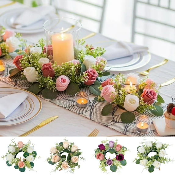 2 Pack Wedding Candle Rings Artificial Rose Wreath Small Boho Wreath Pillar Candle Holder for Wedding Spring Summer Home Door Tabletop Decoration