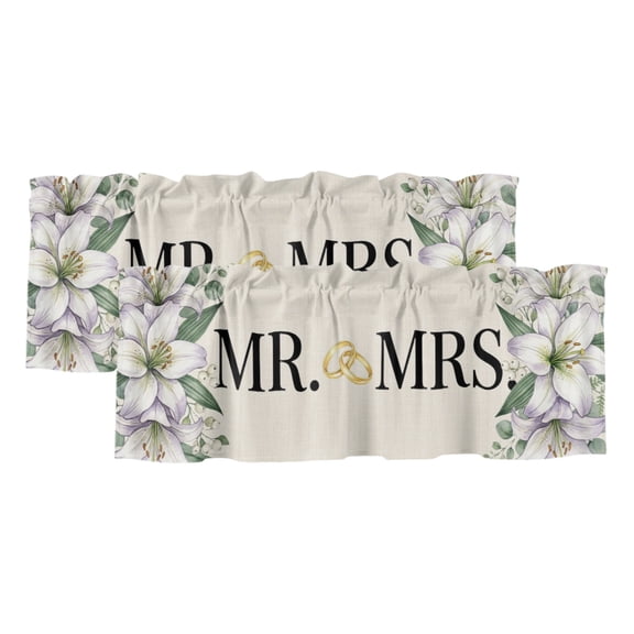 2 Pack Wedding Valance for Window Mr Mrs Lily Wreath Leaves Floral Rustic Kitchen Valance Rod Pocket Short Curtain Topper Decorative Window Treatment for Living Room Bedroom 42"x12"