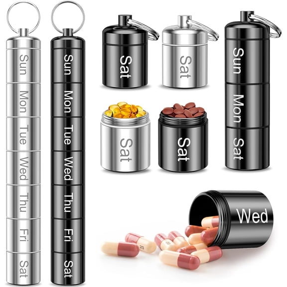 2 Pack Weekly Pill Organizer, Portable Small Pill Case Waterproof Keychain Pill Holder for Travel, Metal Medicine Organizer Box for Vitamin, Fish Oil, Supplement