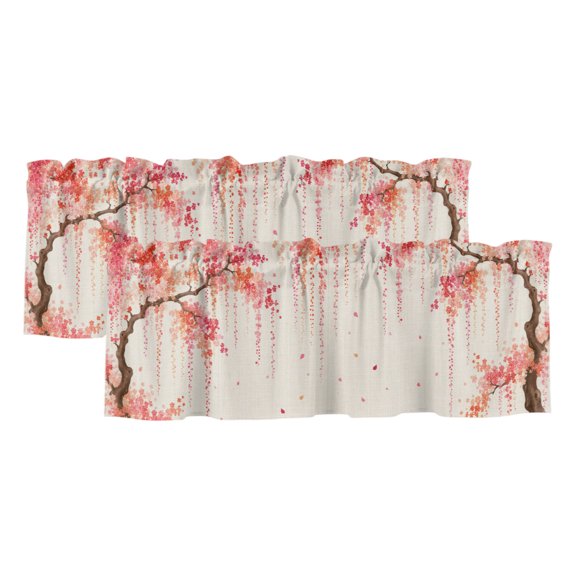 2 Pack Weeping Cherry Valance for Window Rustic Pink Hanging Flower Brown Branch Linen Texture Kitchen Valance Rod Pocket Short Curtain Window Topper Treatment for Living Room Bedroom 42"x12"