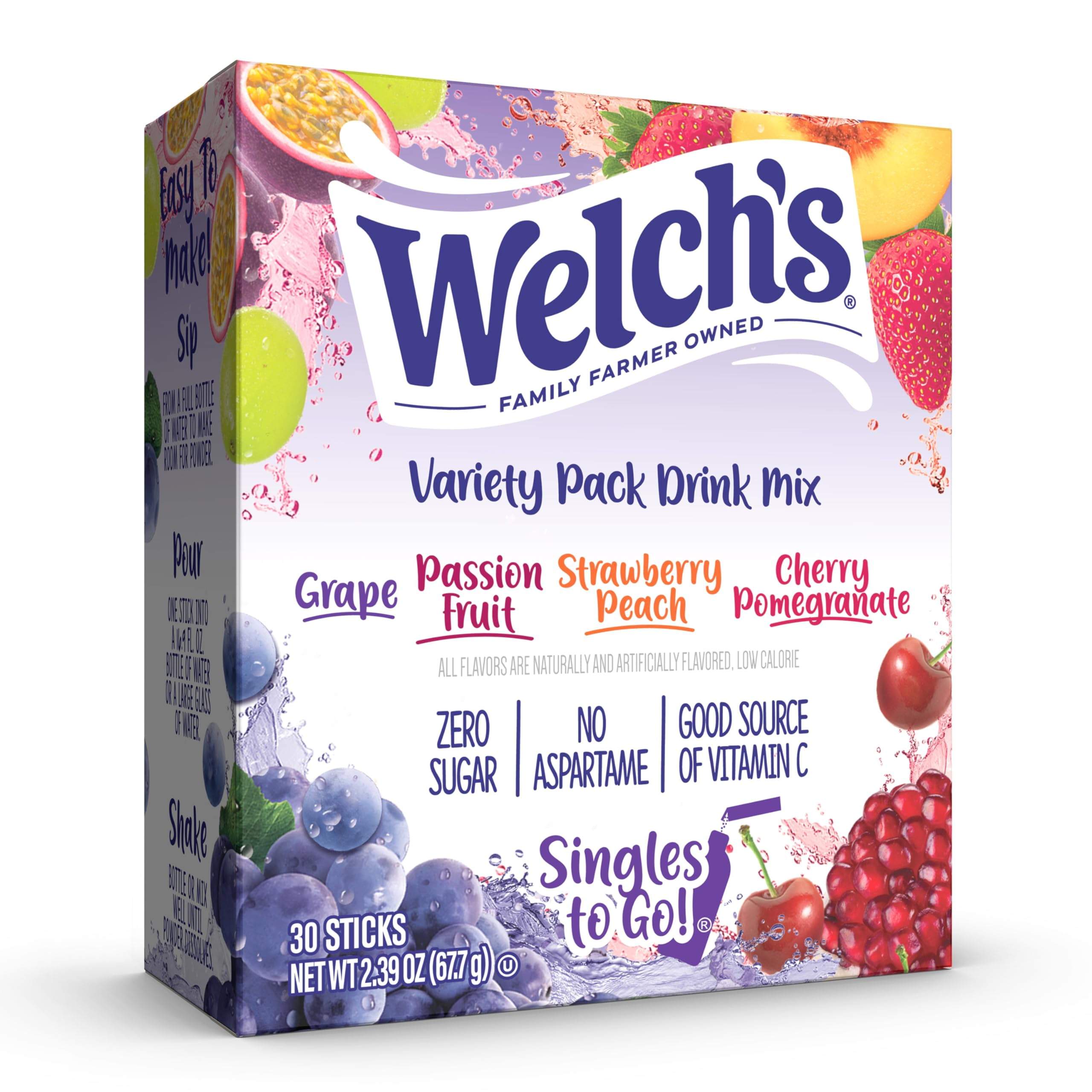 2 Pack-Welchs Singles To Go Variety Pack, Watertok Powdered Drink Mix, Includes 4 Flavors, Grape, Passion Fruit, Strawberry Peach, Cherry Pomegranate, 1 Box (30 Servings)