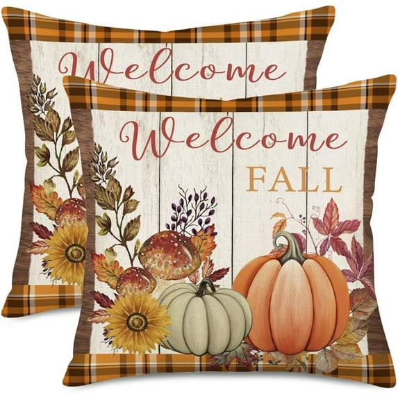 2 Pack Welcome Fall Throw Pillow Covers Burnt Orange Pumpkin Decor Throw Pillow Case for Couch Maple Leaves Autumn Harvest Thanksgiving Farmhouse Decorative Pillow Cover 20x20 Inch