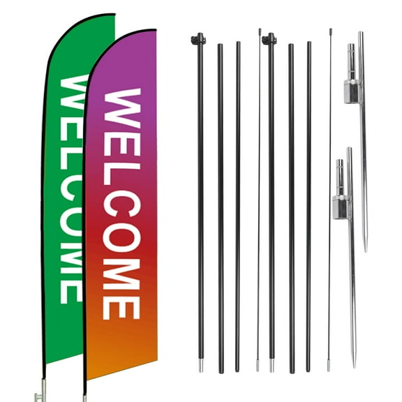 2 Pack Welcome Feather Flag Pole Kit 15 Feet Advertising Flags Business Signs for Outside, Welcome Theme Feather Flags Green & Orange + Purple Gradient, Welcome Flag Banner
