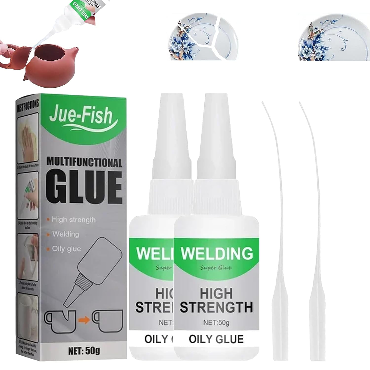 2 Pack Welding High-Strength Oily Glue, Jue Fish Glue Universal Super Glue  Gel, Instant Bonding, Strong Adhesion, Repairs Last Long Time for Metal,  Wood and Ceramics(50g) 