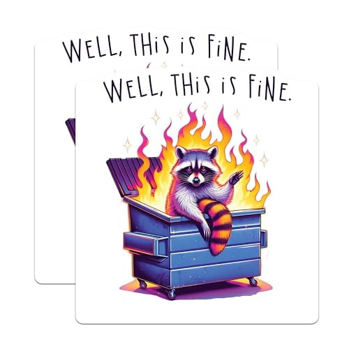 (2 Pack) Well This is Fine Magnets - Funny Raccoon Dumpster Fire Magnet - Cute Animal Humor Fridge - 5" On Longest Side - for Cars, Fridges, Toolboxes - Made in USA - MAG3739