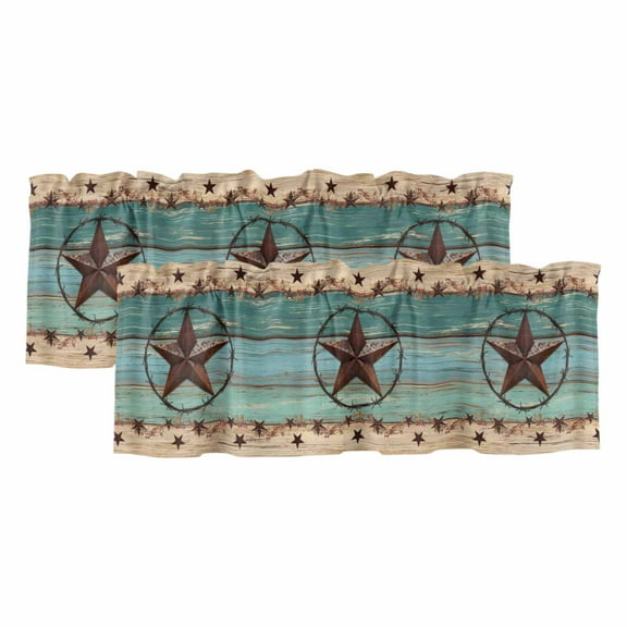 2 Pack Western Texas Star Valance for Window Retro Turquoise Wooden Rustic Farmhouse Kitchen Valance Rod Pocket Short Curtain Topper Decorative Window Treatment for Living Room Bedroom 42"x18"