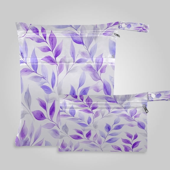 2 Pack Wet Dry Bags,Lilac Foliage Doodles Waterproof Reusable Dual Zipper Bags for Swimwear, Gym Clothes, Toiletries, Baby Diapers