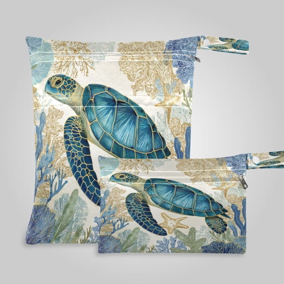 2 Pack Wet Dry Bags,Sea Turtle and Coral Reefs Waterproof Reusable Dual Zipper Bags for Swimwear, Gym Clothes, Toiletries, Baby Diapers