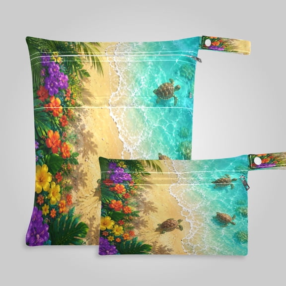 2 Pack Wet Dry Bags,Sunny Turtle Ocean Shore Waterproof Reusable Dual Zipper Bags for Swimwear, Gym Clothes, Toiletries, Baby Diapers