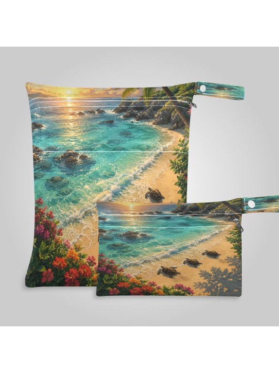 2 Pack Wet Dry Bags,Tropical Shore Sunset Turtles Waterproof Reusable Dual Zipper Bags for Swimwear, Gym Clothes, Toiletries, Baby Diapers