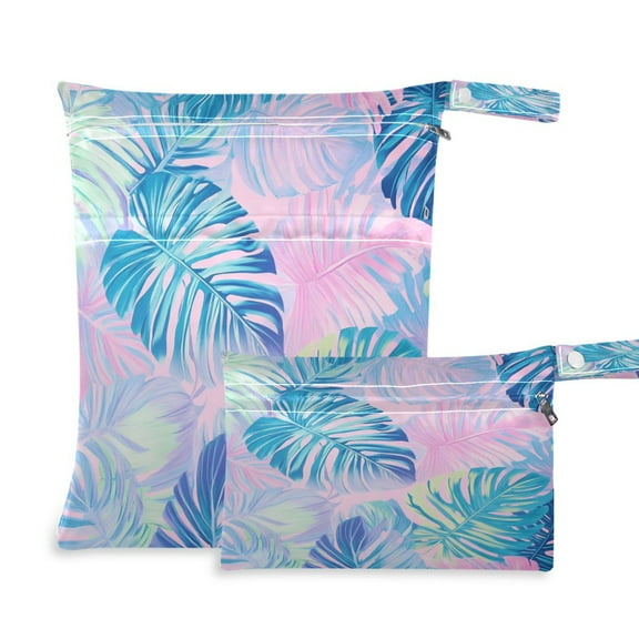 2 Pack Wet Dry Bags Waterproof Reusable Wet Bag with Handle for Travel,Diapers,Dirty Gym Clothes and Toiletries Pastel Pink Palm Leaves