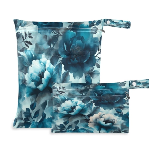 2 Pack Wet Dry Bags Waterproof Reusable Wet Bag with Handle for Travel,Diapers,Dirty Gym Clothes and Toiletries Teal Elegant Floral Pattern