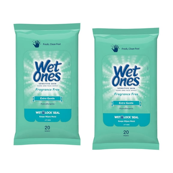 2 Pack Wet Ones Sensitive Skin Hand Wipes Travel Pack, Fragrance Free, 20 Ct