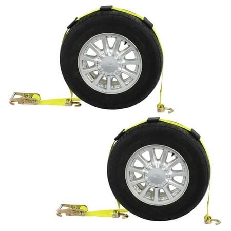 (2 Pack) - Wheel Tie Down Strap with Swivel Hooks and Adjustable Rubber Blocks