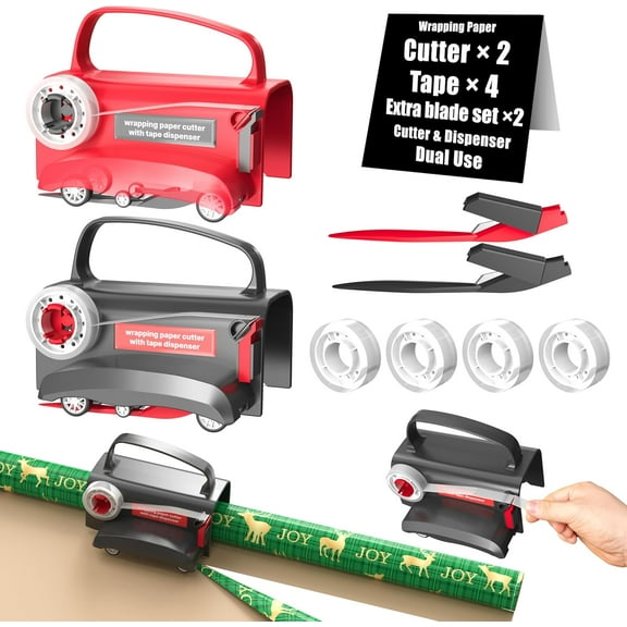 2-Pack Wheel Wrapping Paper Cutter & Tape Dispenser with 4 Tapes2 Replace Blades Kit for Christmas Gift Wrap Cutter Tool Paper Roll Holder Tube Sliding Slicing for Birthday Holiday.