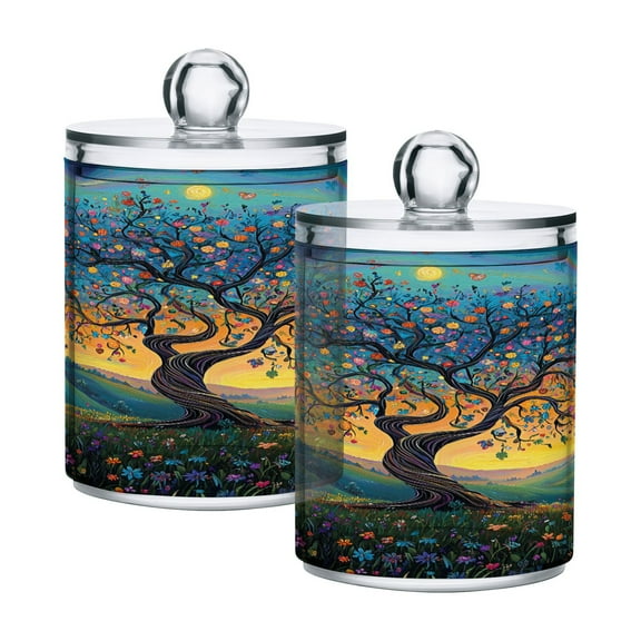 2 Pack Whimsical Tree Of Life Qtip Holder Dispenser Clear Plastic Storage Apothecary Jars for Cotton Swabs Balls Pads Floss