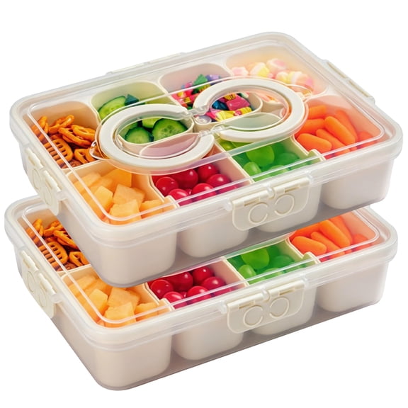2-Pack White 8-Compartment Portable Snackle Box Container with Lid and Handle