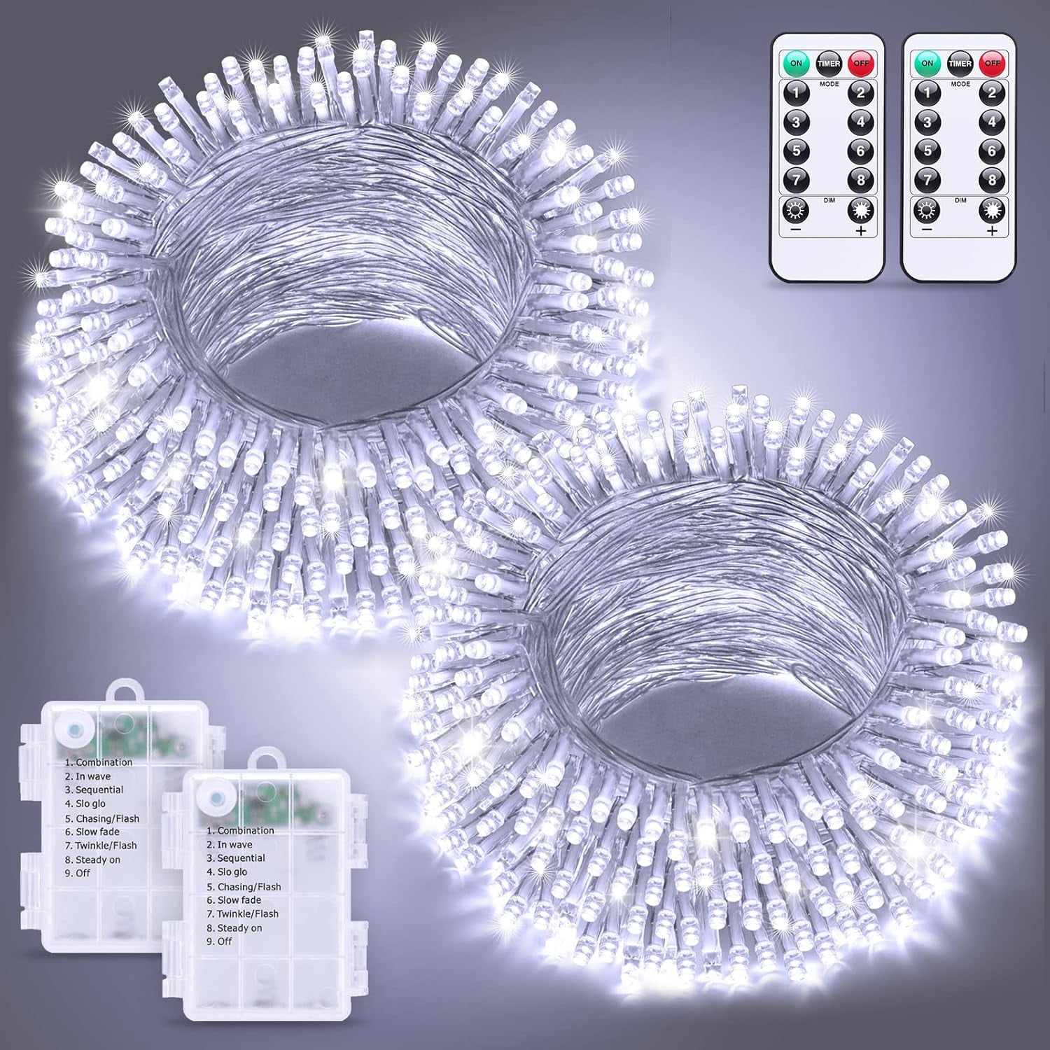 2 Pack White Battery Operated Christmas String Lights, Each 33ft 100 LED Wedding Lights Outdoor Indoor, with 8 Modes Remote Waterproof